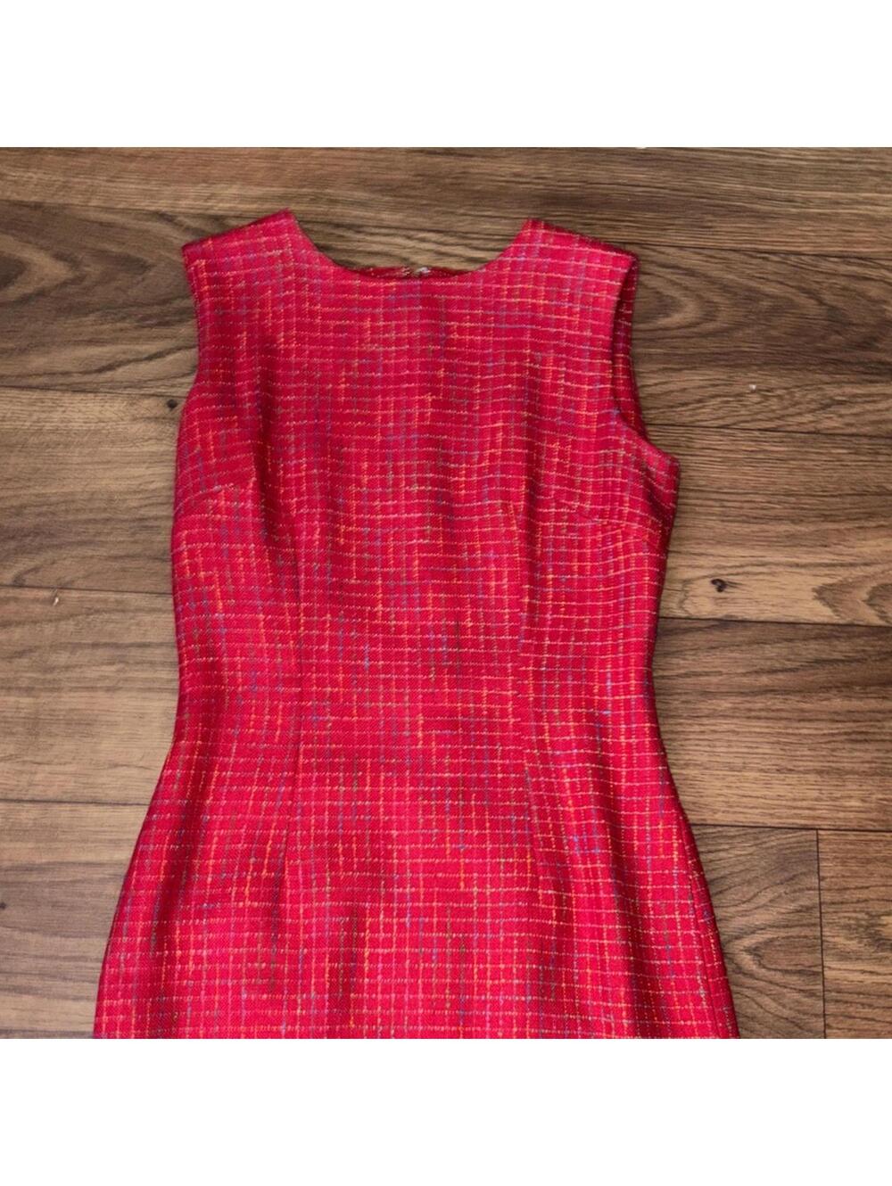 Red Colorful Tweed Plaid Sleeveless Dress Jacket Set Teacher Preppy - Picture 3 of 13